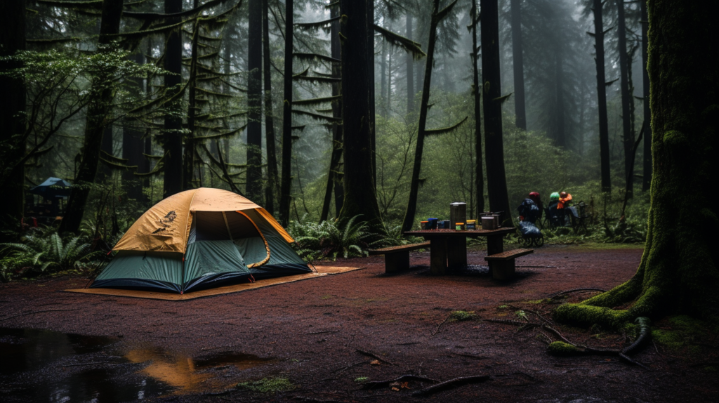 A campsite in a rainy forest
