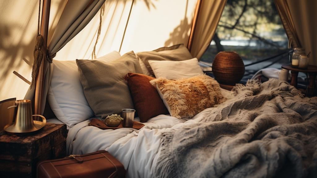 A cozy tent with pillows and blankets