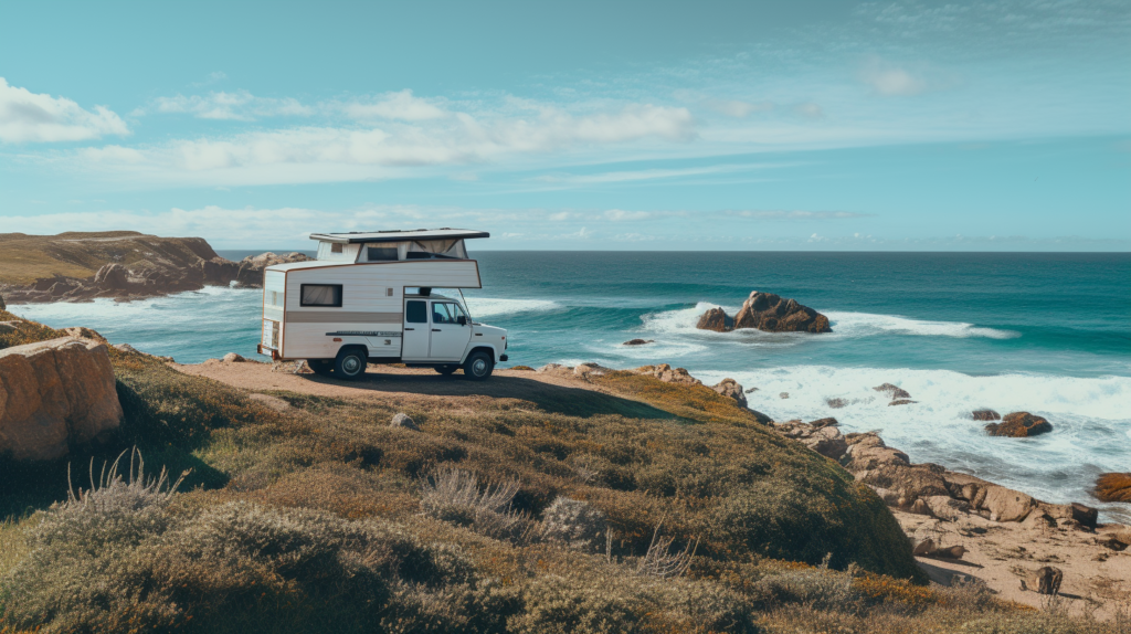 A truck with a camper shell on a coastline