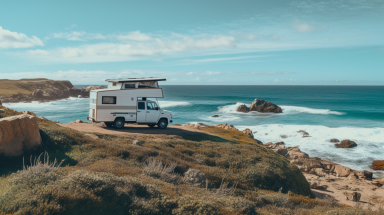 a_truck_with_a_camper_shell_on_a_coastline