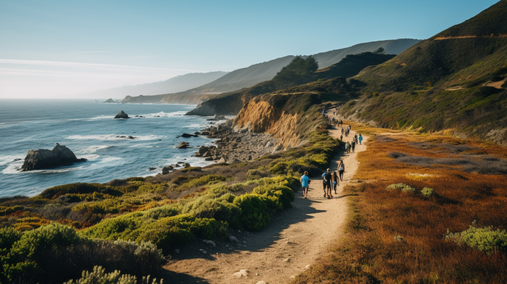 People hiking on a trail on a coastline on National Trails Day